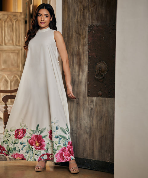 Pink Floral Flared Elegant Maxi Dress